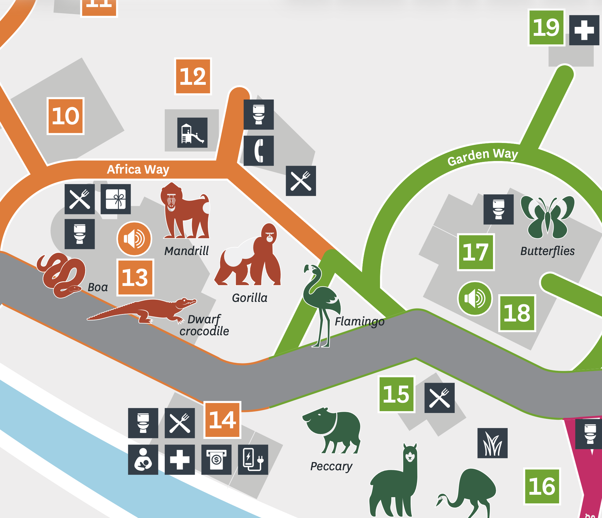 Zoo map showing the route to the Enmax Conservatory, number 17